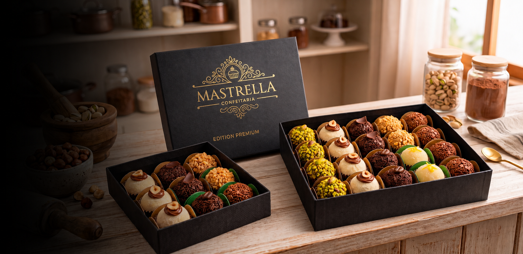 Caixas de doces da Mastrella Confeitaria